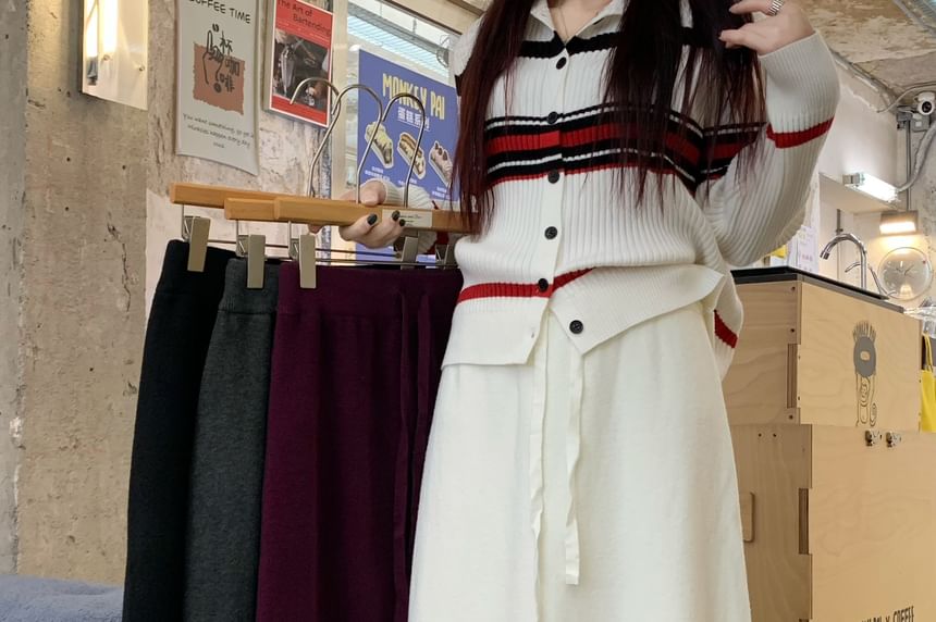 High-Waist Tassel Trim Midi Knit Skirt