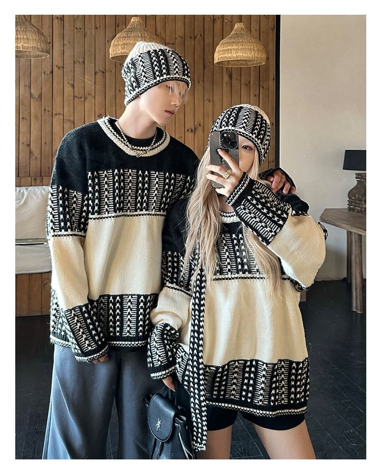 Couples' Round Neck Jacquard Knit Set with Beanie & Scarf