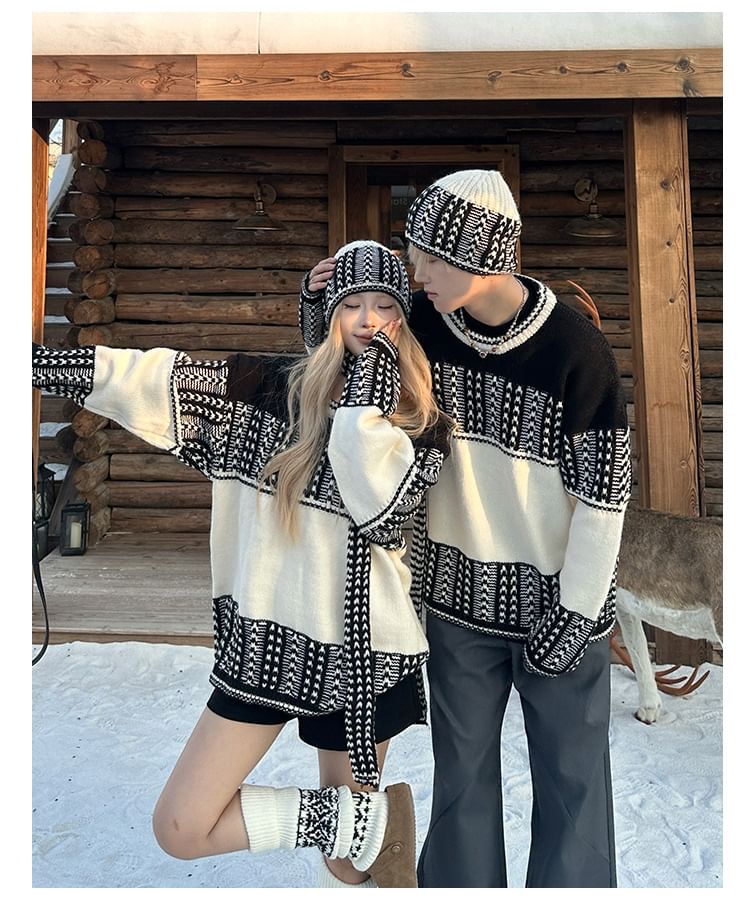 Couples' Round Neck Jacquard Knit Set with Beanie & Scarf