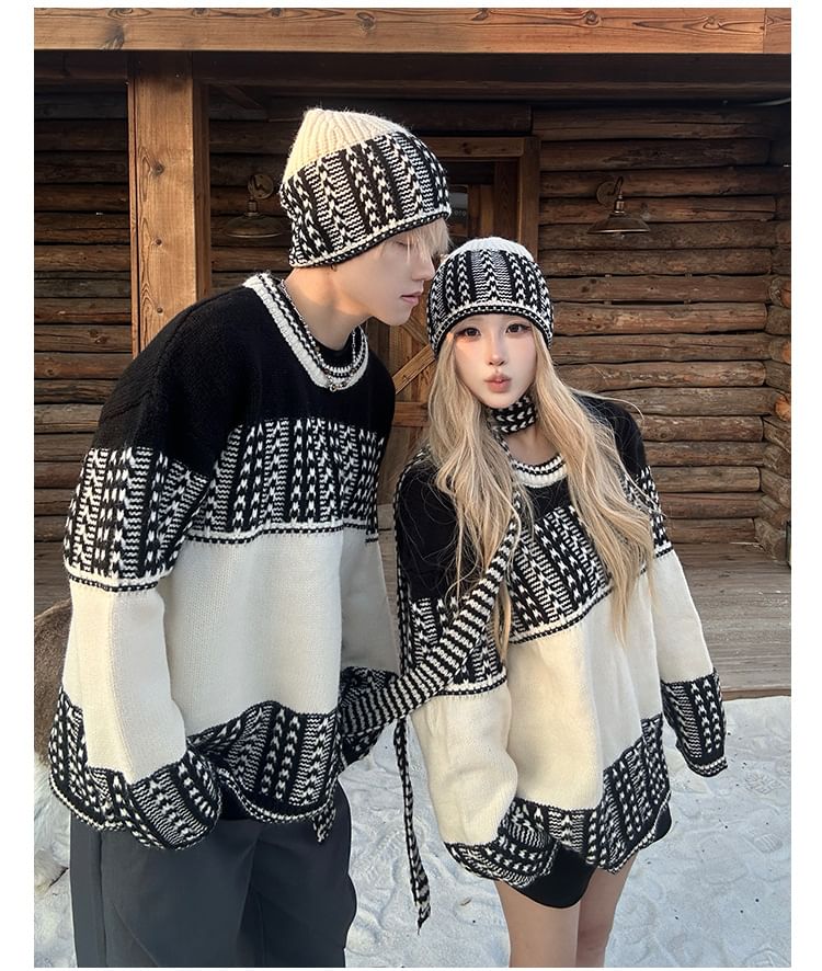 Couples' Round Neck Jacquard Knit Set with Beanie & Scarf