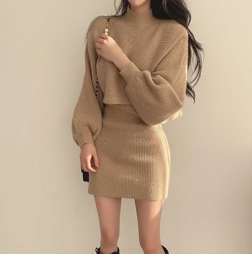 Turtleneck Crop Sweater & Sleeveless Knit Dress Set