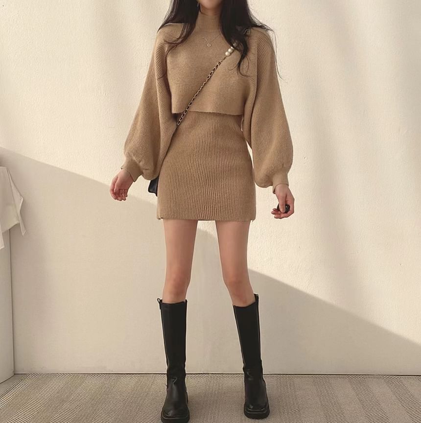Turtleneck Crop Sweater & Sleeveless Knit Dress Set