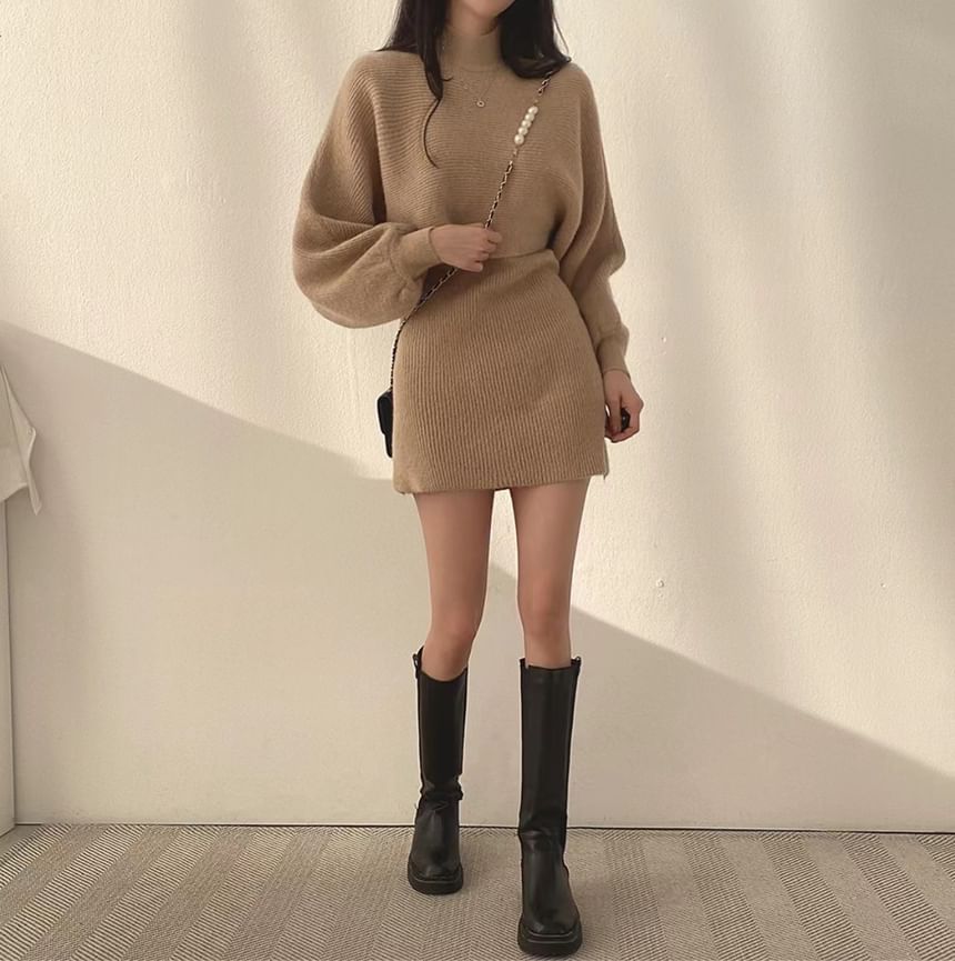 Turtleneck Crop Sweater & Sleeveless Knit Dress Set