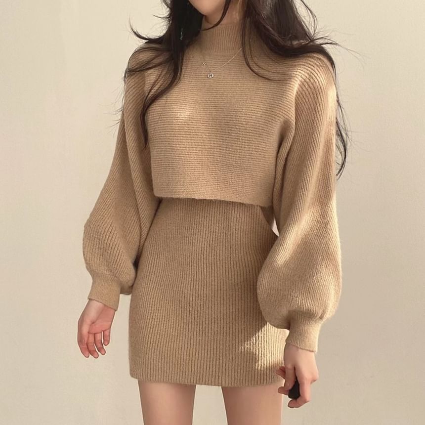 Turtleneck Crop Sweater & Sleeveless Knit Dress Set