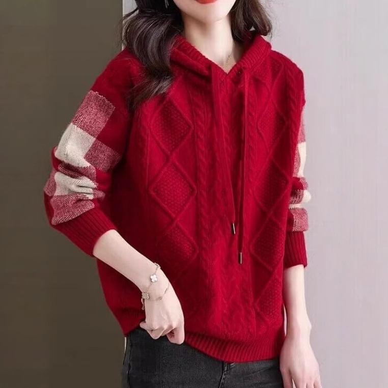 Plaid Hoodie with Cable Knit V-Neck Detail