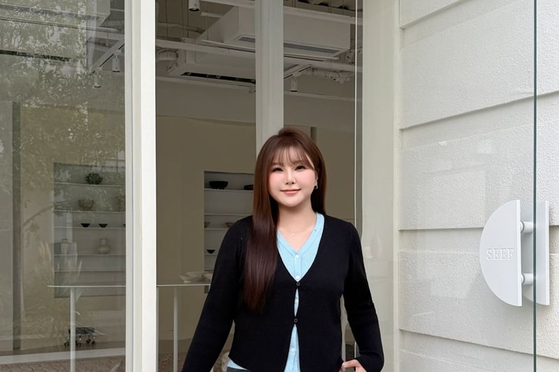 Ribbed Knit V-Neck Top with Mock Layer and Button Details