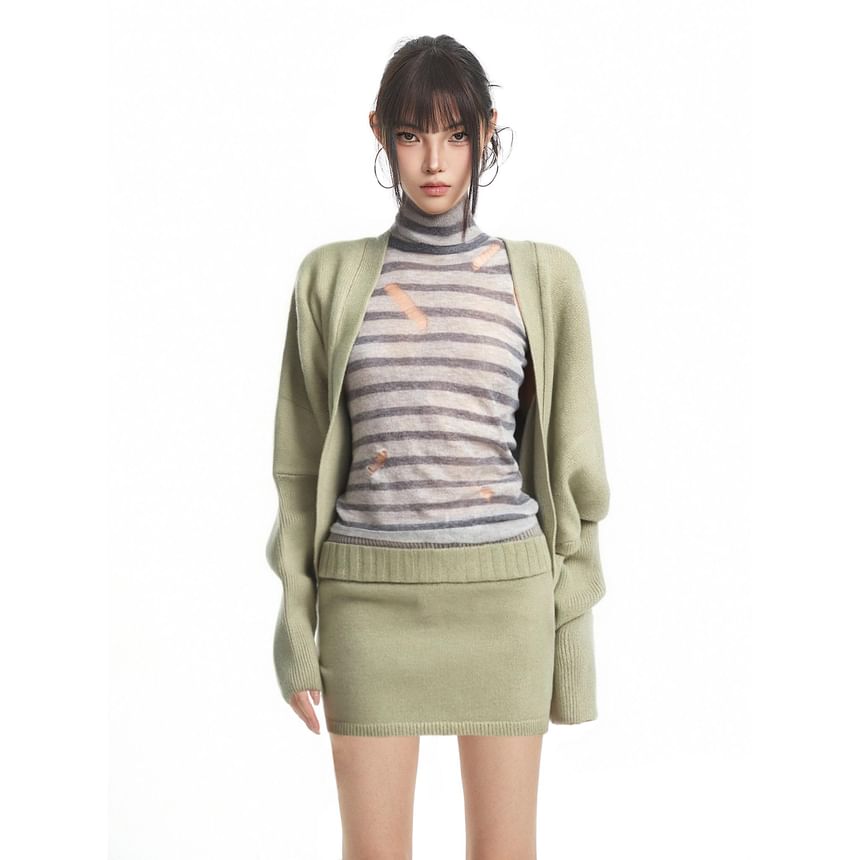 Distressed Striped Tank, Open Cardigan & Low-Rise Pencil Skirt Set