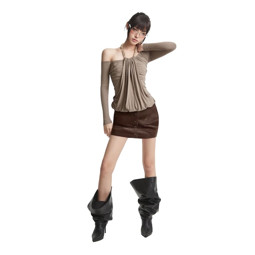 Ruched Off-Shoulder Halter Long-Sleeve Tee