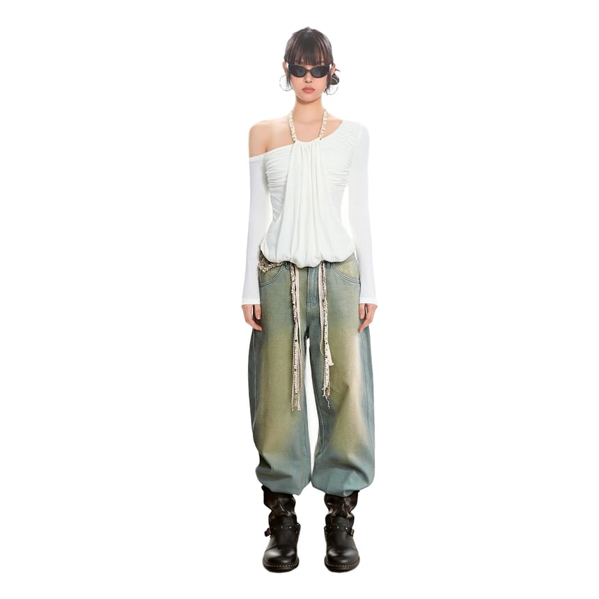 Ruched Off-Shoulder Halter Long-Sleeve Tee