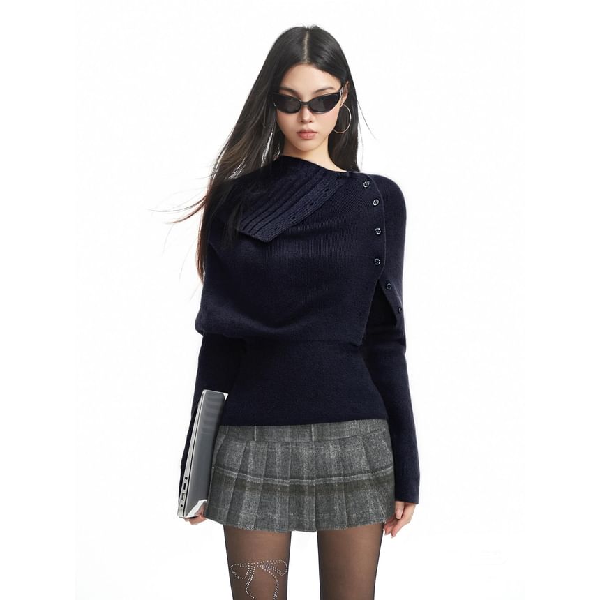 Turtleneck Buttoned Knit Top & Pleated Mini Skirt Set