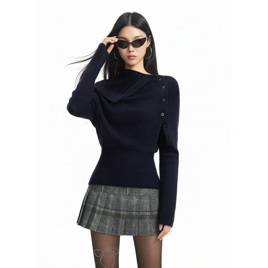 Turtleneck Buttoned Knit Top & Pleated Mini Skirt Set