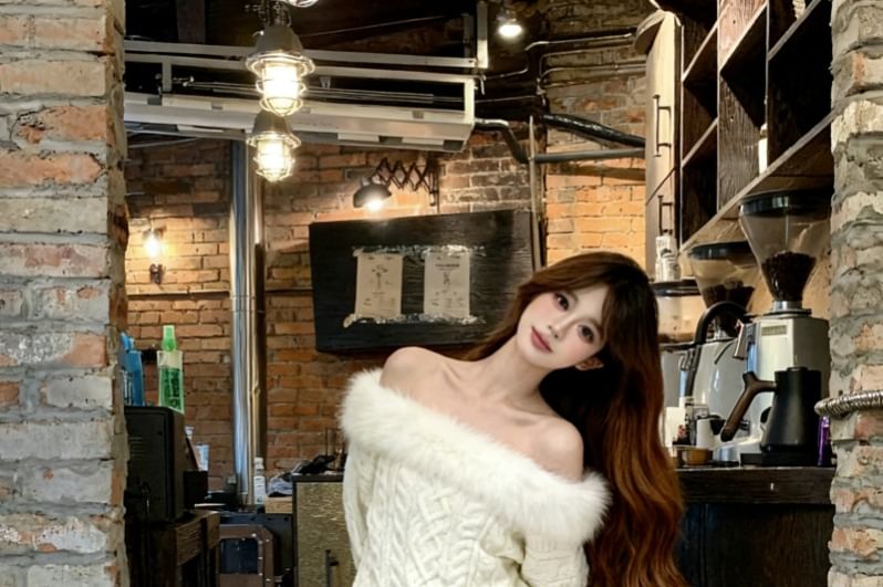 Fluffy Trim Off-Shoulder Cable Knit Sweater