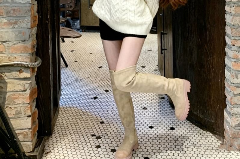 Fluffy Trim Off-Shoulder Cable Knit Sweater