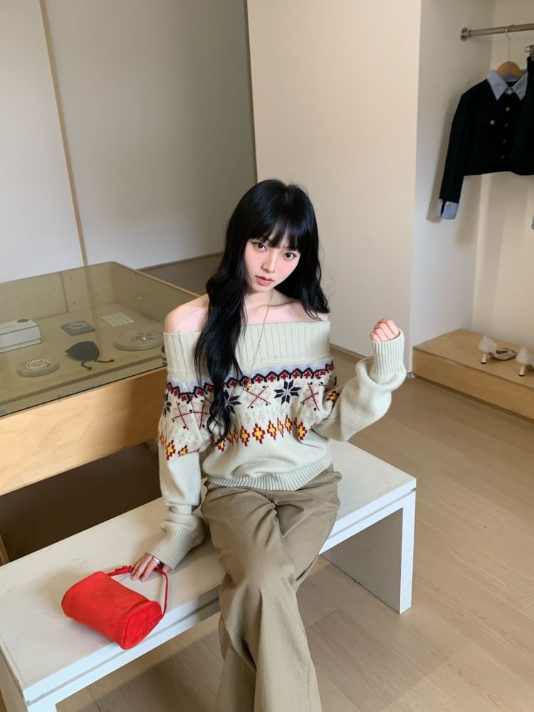 Jacquard Off-Shoulder Sweater