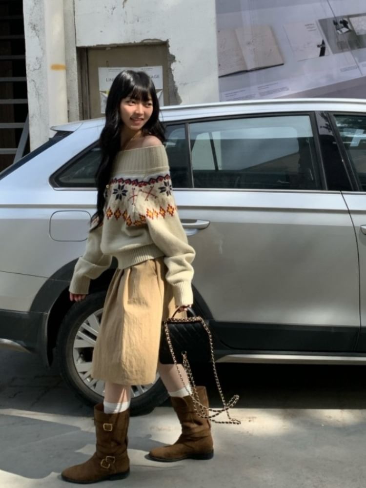 Jacquard Off-Shoulder Sweater