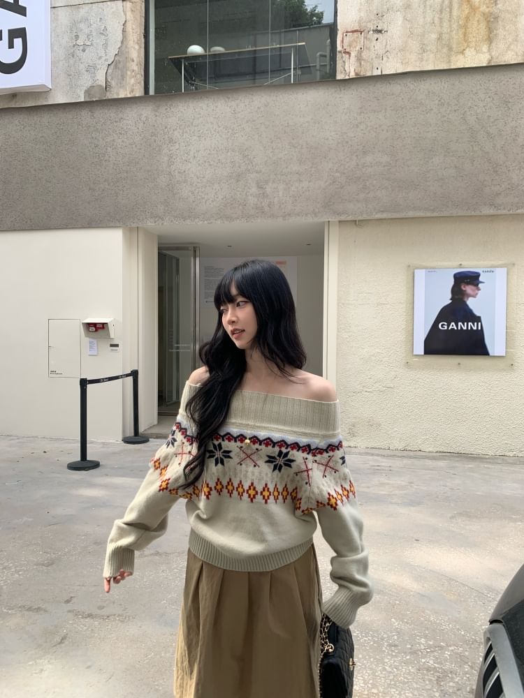 Jacquard Off-Shoulder Sweater