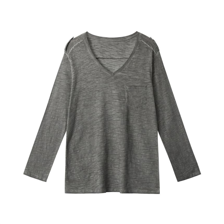 V-Neck Long-Sleeved Plain Loose-Fit T-Shirt