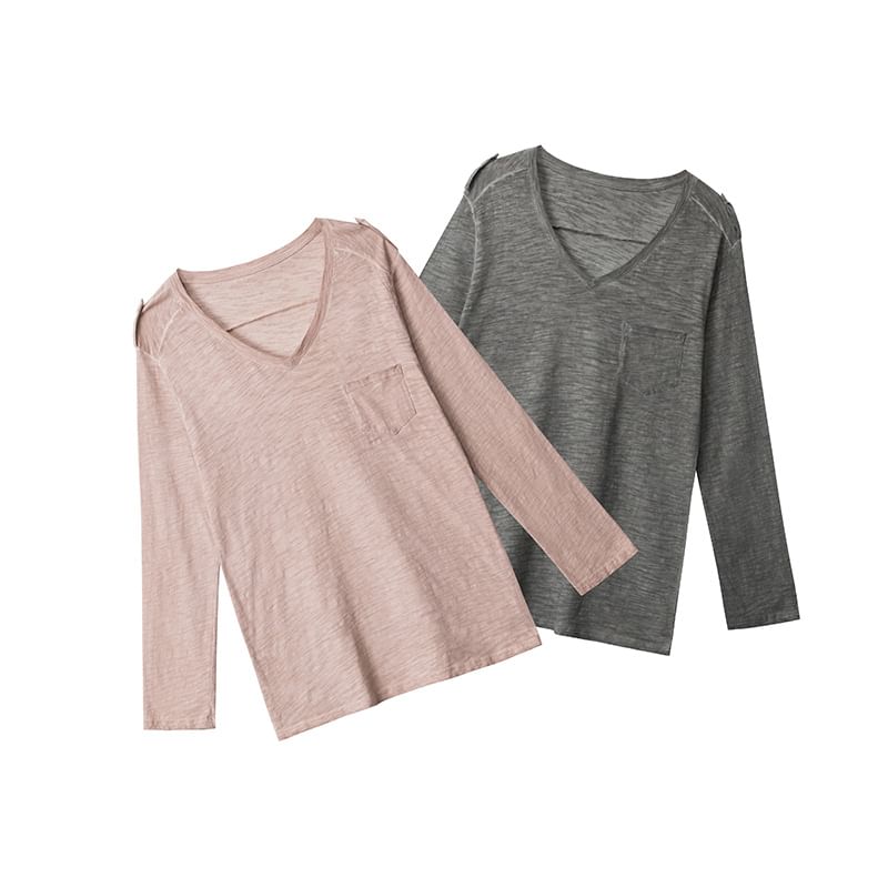 V-Neck Long-Sleeved Plain Loose-Fit T-Shirt