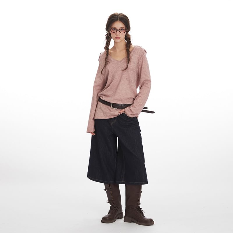 V-Neck Long-Sleeved Plain Loose-Fit T-Shirt