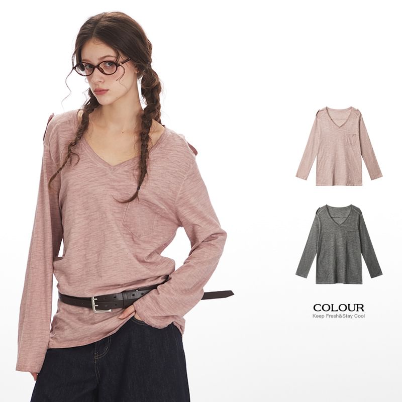 V-Neck Long-Sleeved Plain Loose-Fit T-Shirt