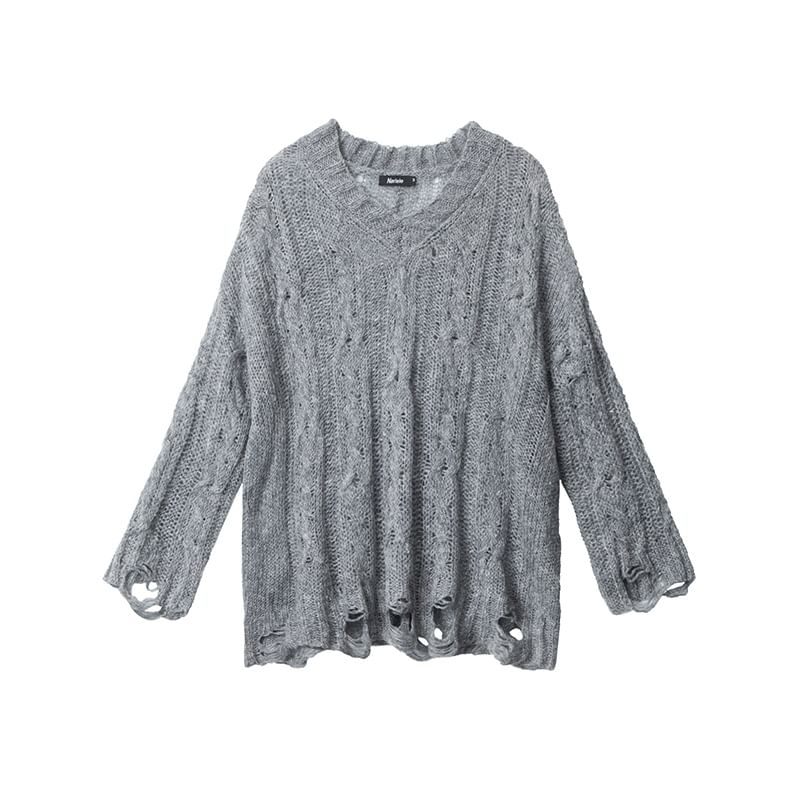 V-Neck Long-Sleeved Plain Distressed Loose-Fit Knit Top