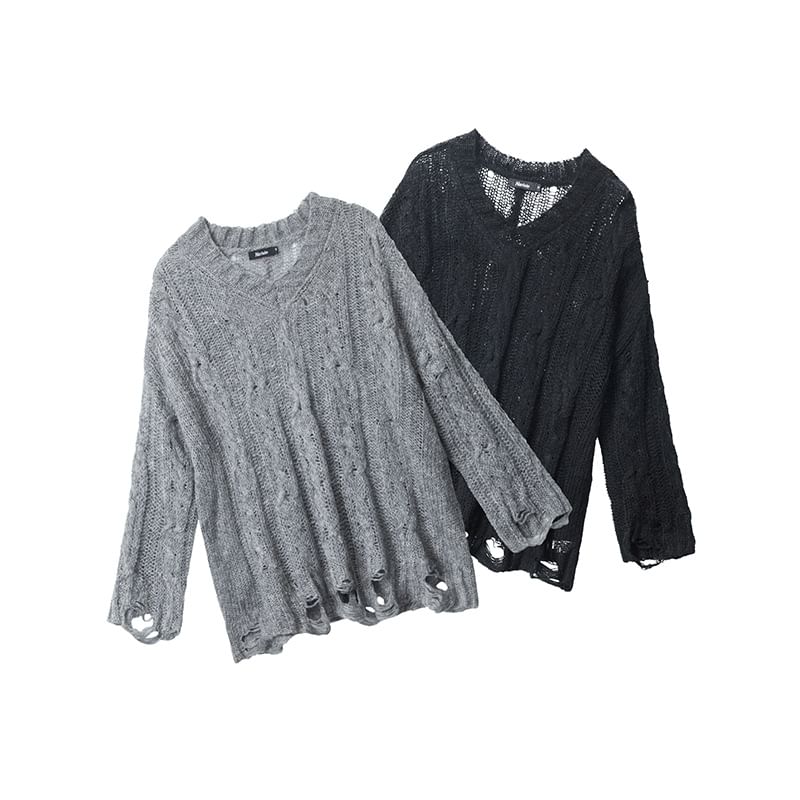 V-Neck Long-Sleeved Plain Distressed Loose-Fit Knit Top
