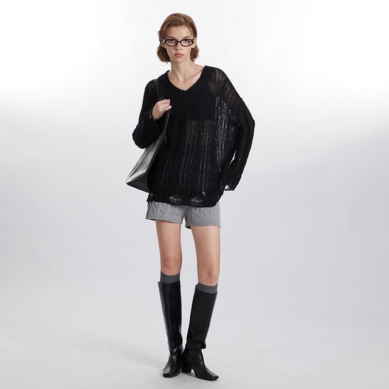 V-Neck Long-Sleeved Plain Distressed Loose-Fit Knit Top