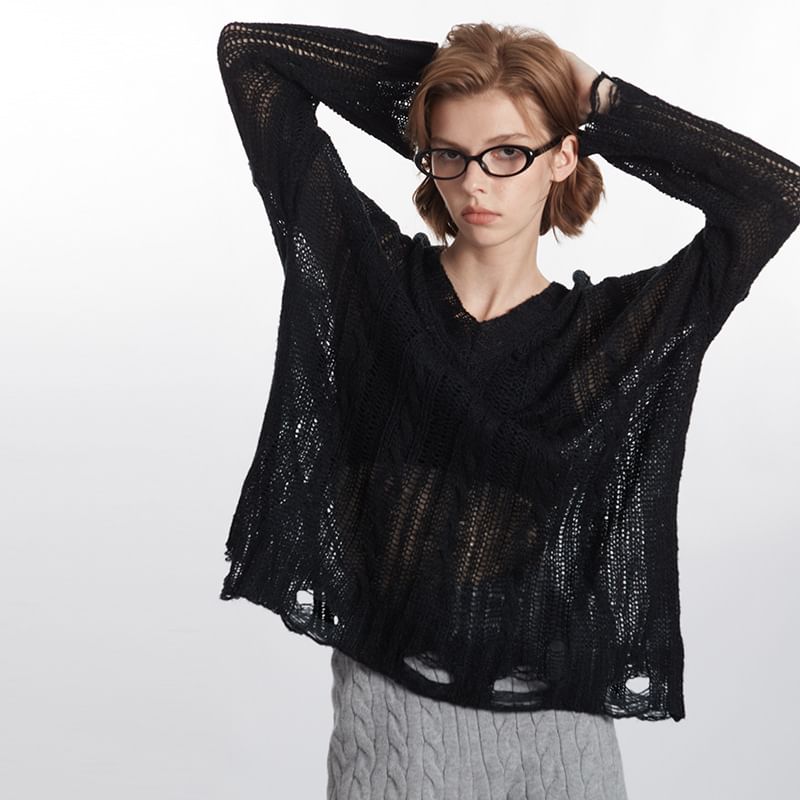 V-Neck Long-Sleeved Plain Distressed Loose-Fit Knit Top