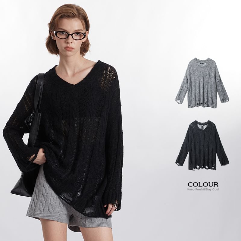 V-Neck Long-Sleeved Plain Distressed Loose-Fit Knit Top