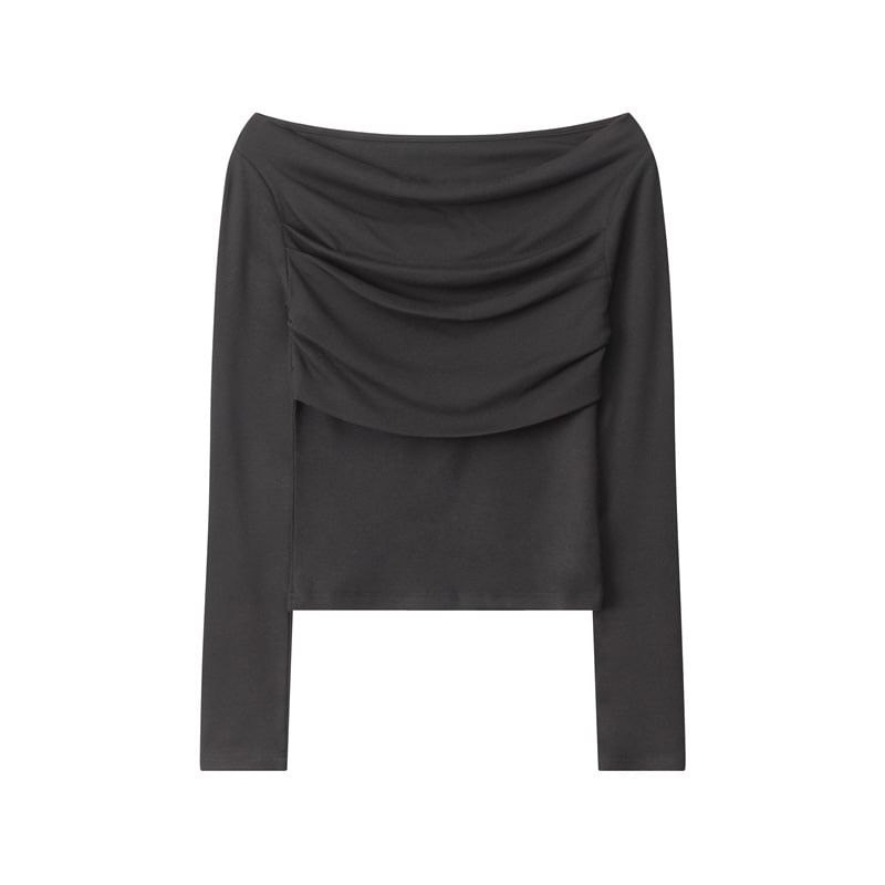 Off-Shoulder Long-Sleeved Plain Slim-Fit T-Shirt
