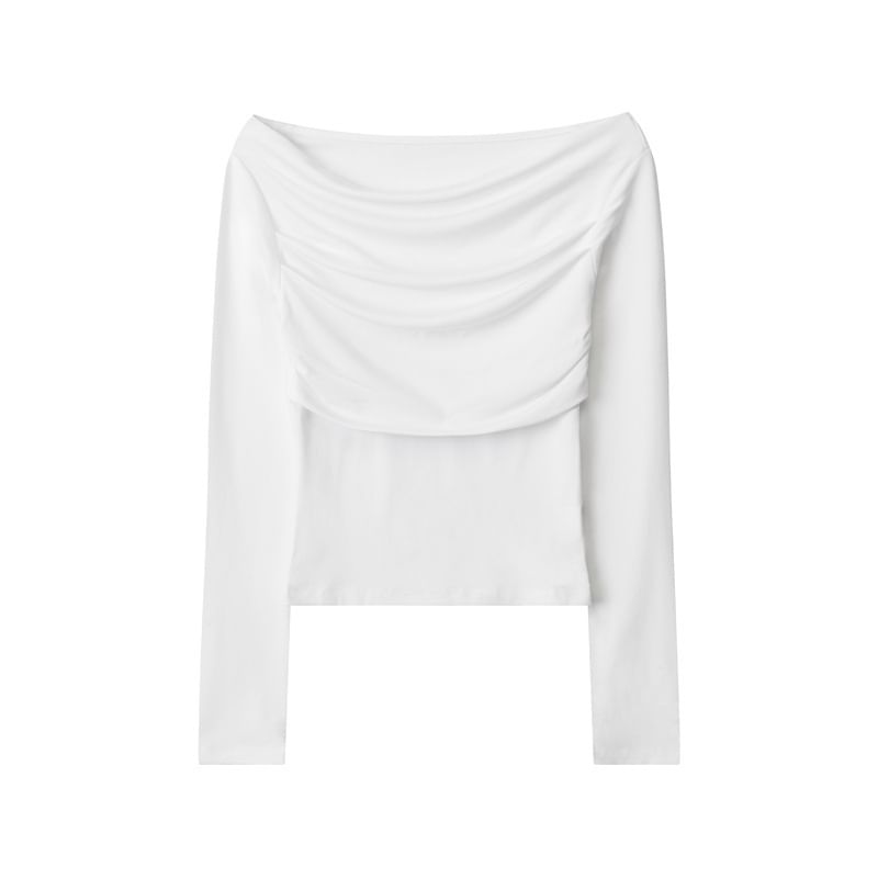 Off-Shoulder Long-Sleeved Plain Slim-Fit T-Shirt