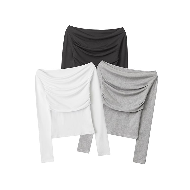 Off-Shoulder Long-Sleeved Plain Slim-Fit T-Shirt