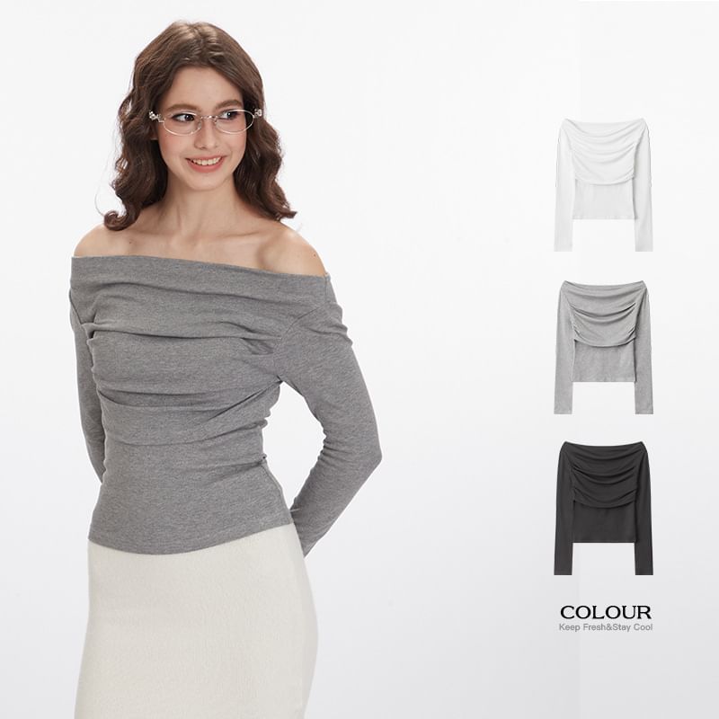 Off-Shoulder Long-Sleeved Plain Slim-Fit T-Shirt