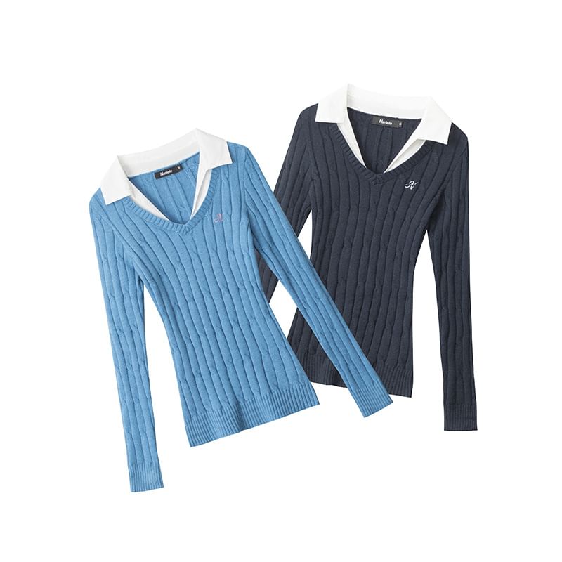 V-Neck Long-Sleeved Plain Cable-Knit Slim-Fit Top