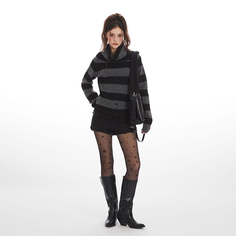 Off-Shoulder Striped Long-Sleeved Loose-Fit Sweater