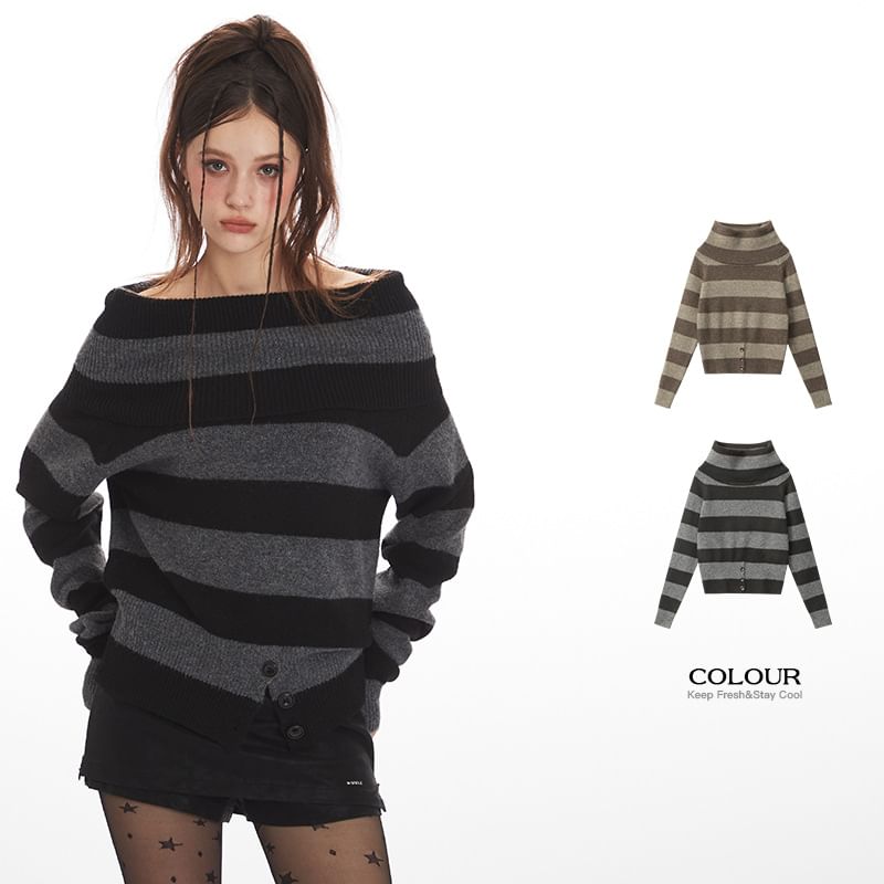 Off-Shoulder Striped Long-Sleeved Loose-Fit Sweater