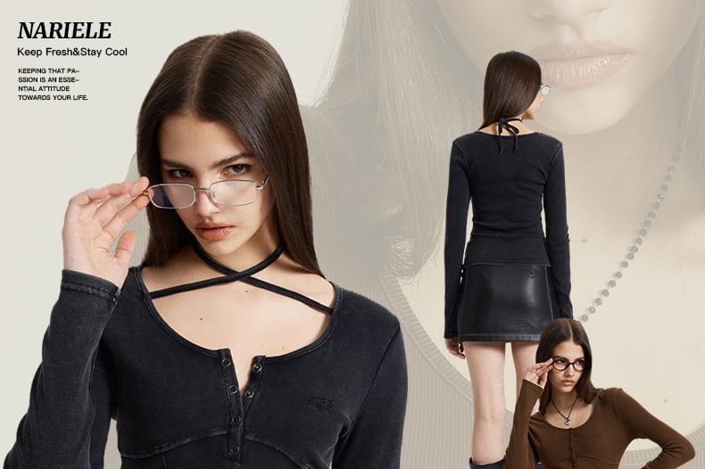 Scoop-Neck Cross-Strap Washed Long-Sleeved Slim-Fit T-Shirt
