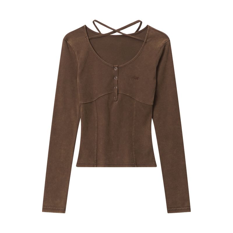 Scoop-Neck Cross-Strap Washed Long-Sleeved Slim-Fit T-Shirt