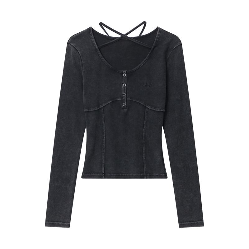 Scoop-Neck Cross-Strap Washed Long-Sleeved Slim-Fit T-Shirt