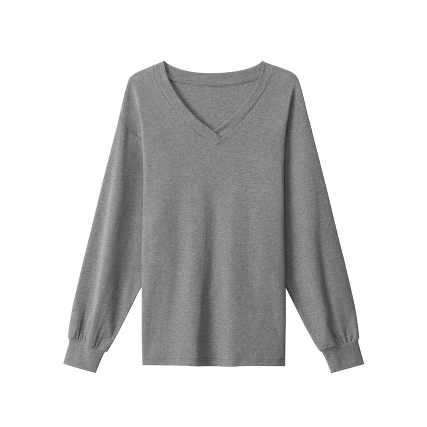 V-Neck Long-Sleeved Plain Lace-Up Back T-Shirt