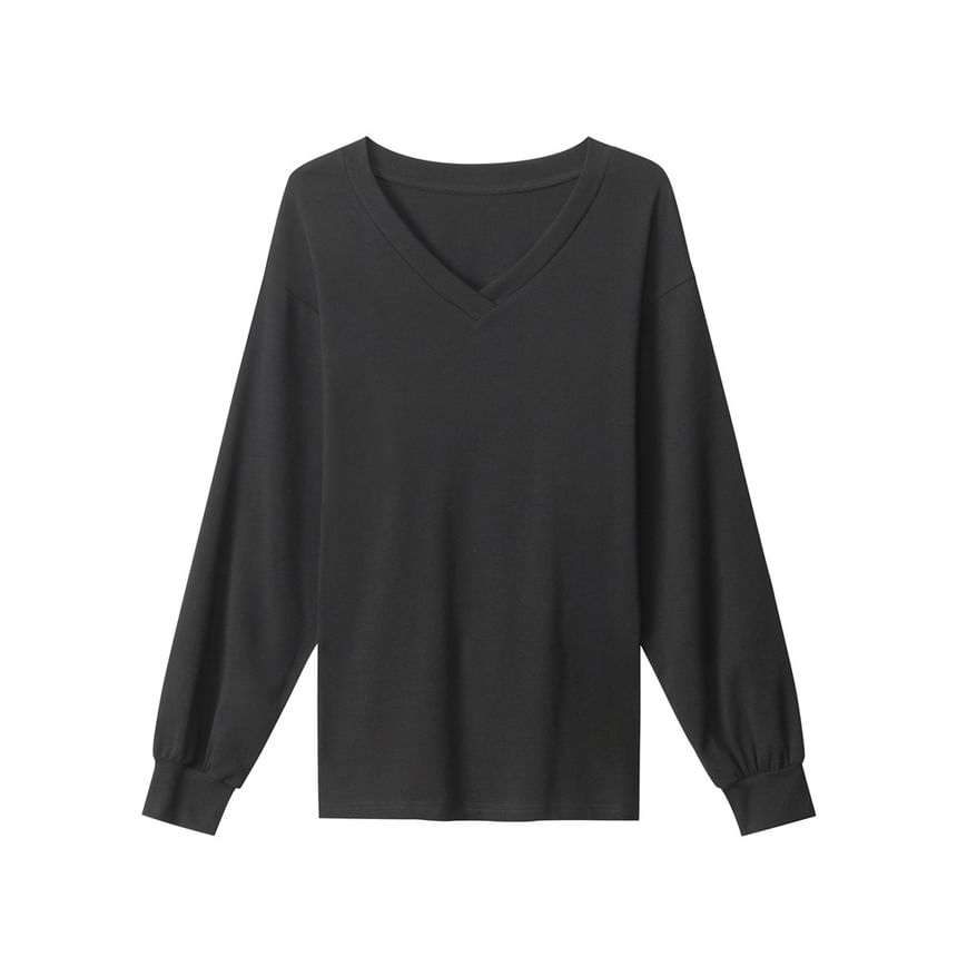 V-Neck Long-Sleeved Plain Lace-Up Back T-Shirt