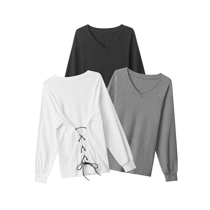 V-Neck Long-Sleeved Plain Lace-Up Back T-Shirt