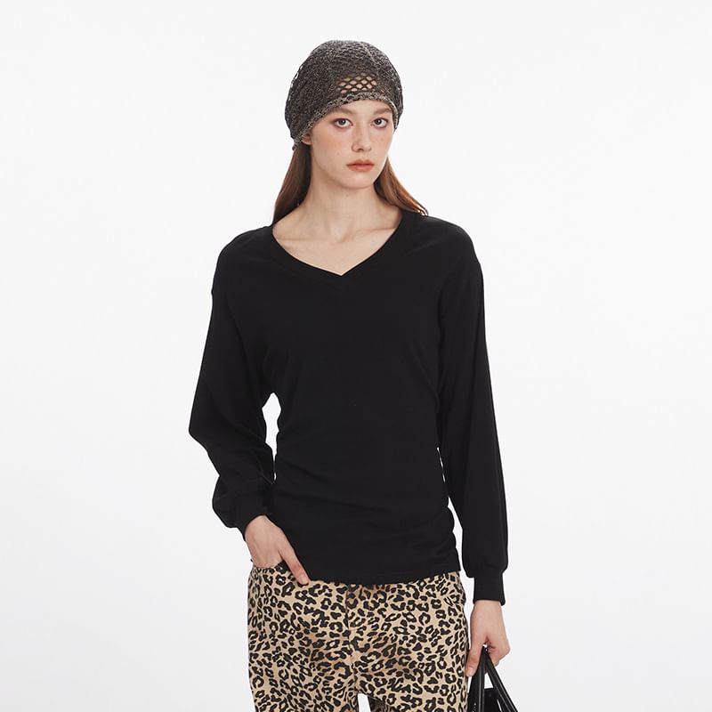 V-Neck Long-Sleeved Plain Lace-Up Back T-Shirt