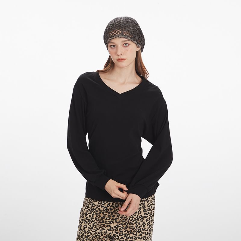 V-Neck Long-Sleeved Plain Lace-Up Back T-Shirt