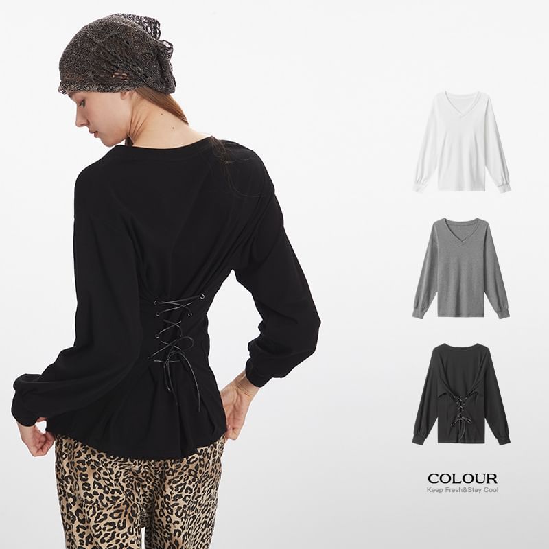 Long Sleeve V-Neck Plain Lace-Up Back T-Shirt