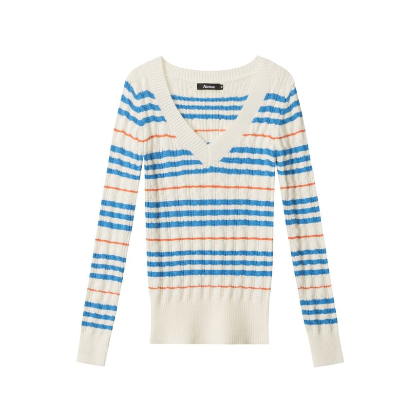 Striped V-Neck Long-Sleeved Slim-Fit Sweater