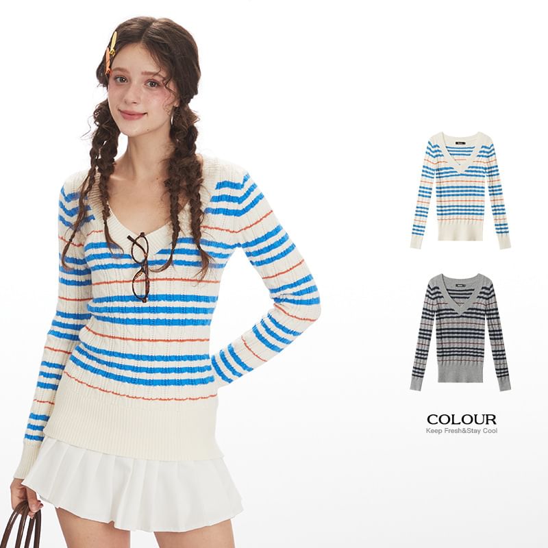 Striped V-Neck Long-Sleeved Slim-Fit Sweater