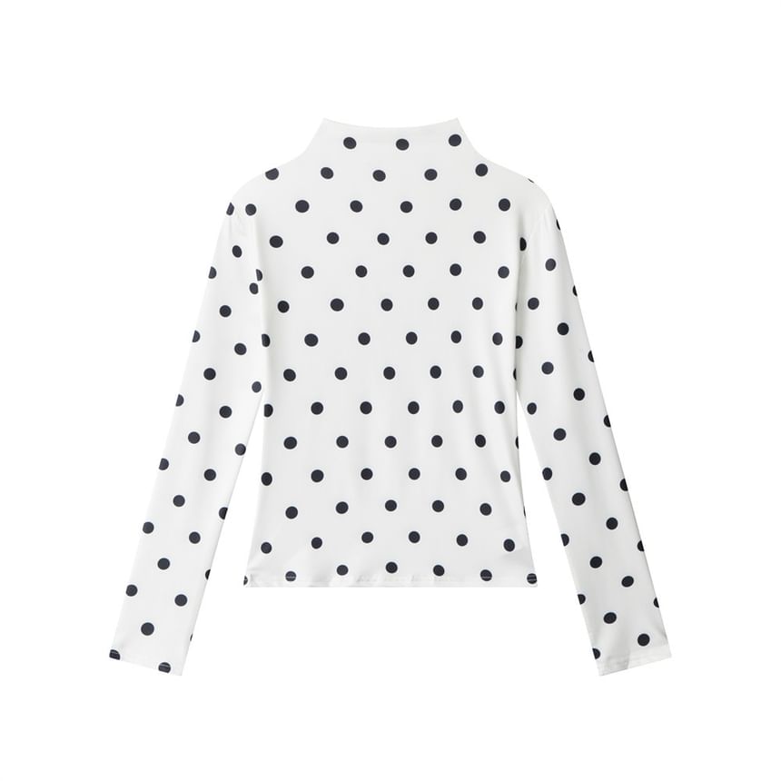 Mock-Neck Polka-Dot Long-Sleeved Slim-Fit T-Shirt