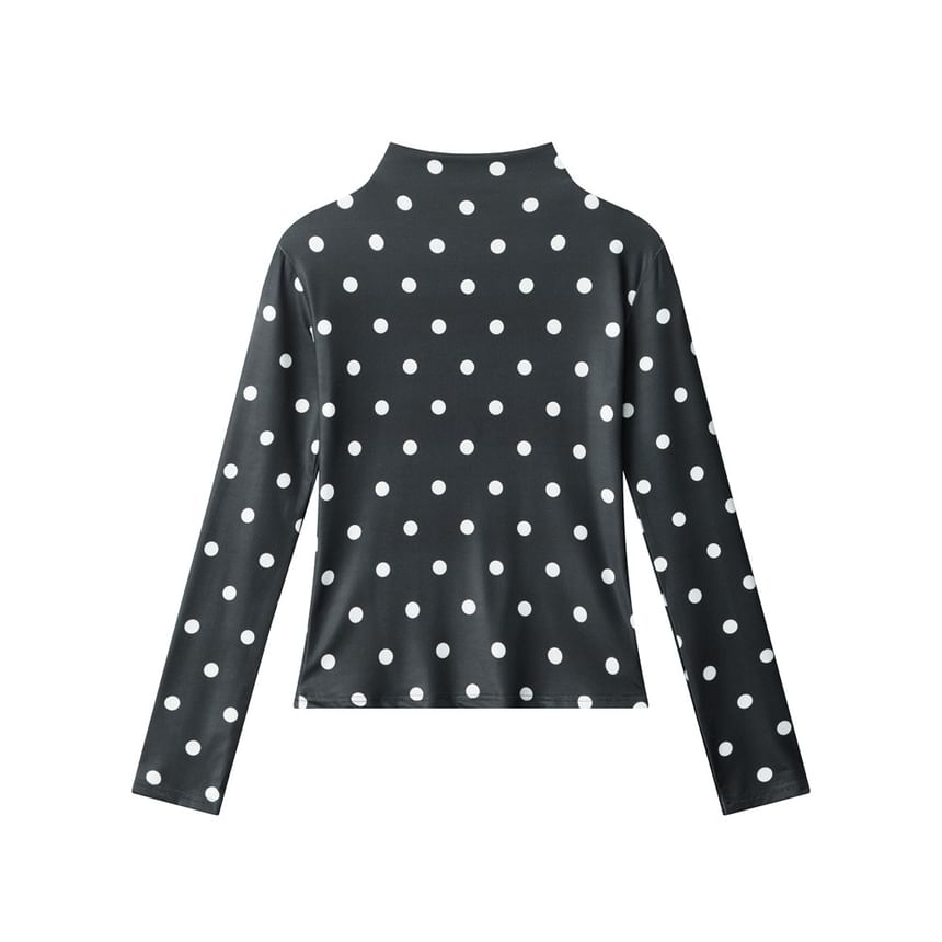 Mock-Neck Polka-Dot Long-Sleeved Slim-Fit T-Shirt