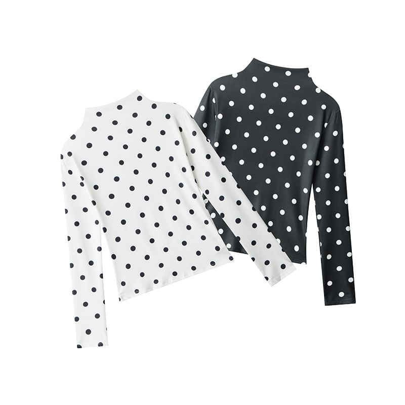 Mock-Neck Polka-Dot Long-Sleeved Slim-Fit T-Shirt